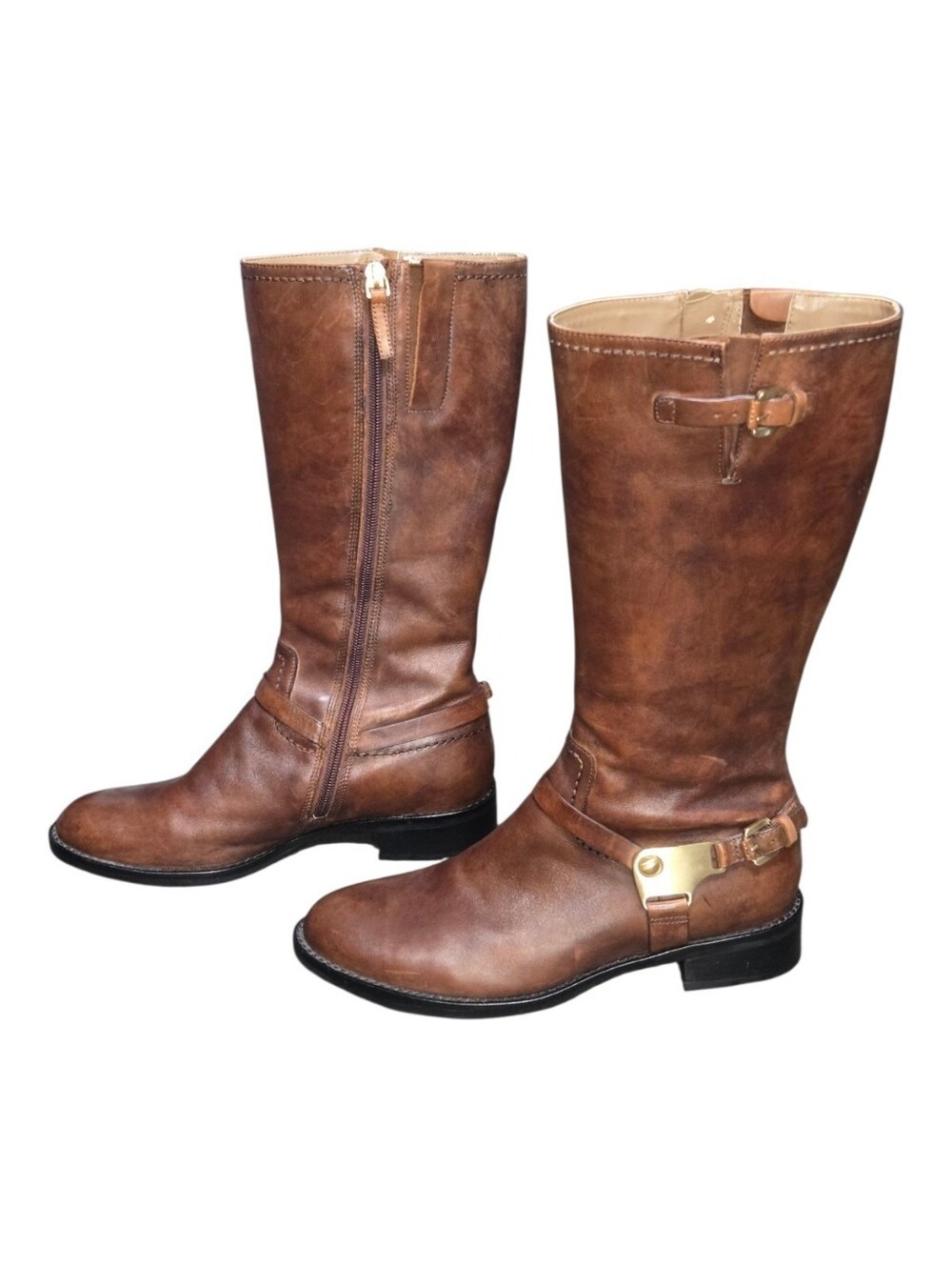 Ecco Hobart Tall Harness Riding Boots Brown Leather & Gold Hardware Sz 38 or 7.5